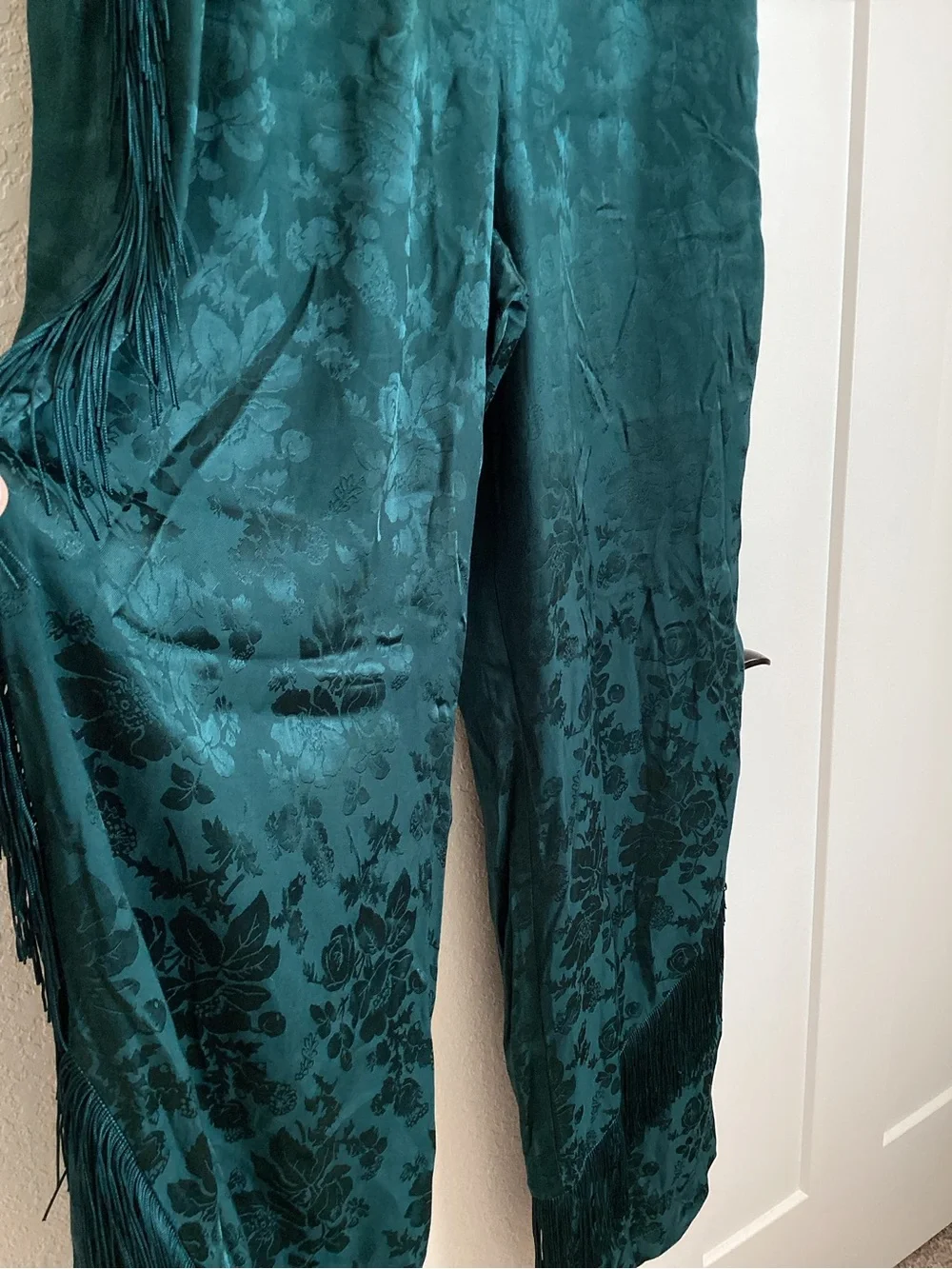 Anthropologie Patterned Fringe Trouser Pants New 12 Dark Green Teal Jacquard - Picture 6 of 16